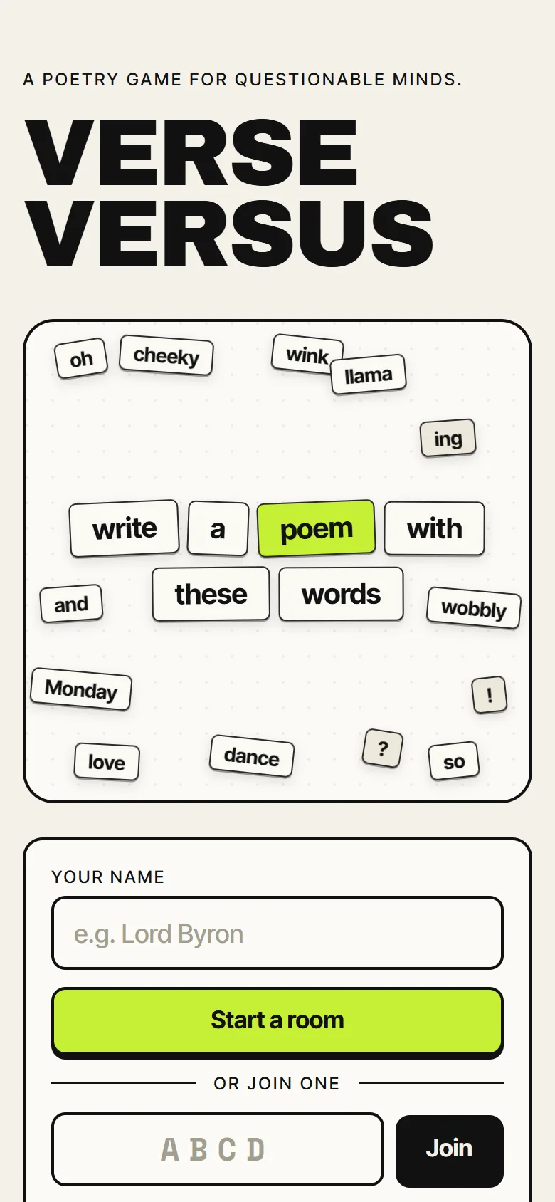 Verse Versus: Start a room or play solo